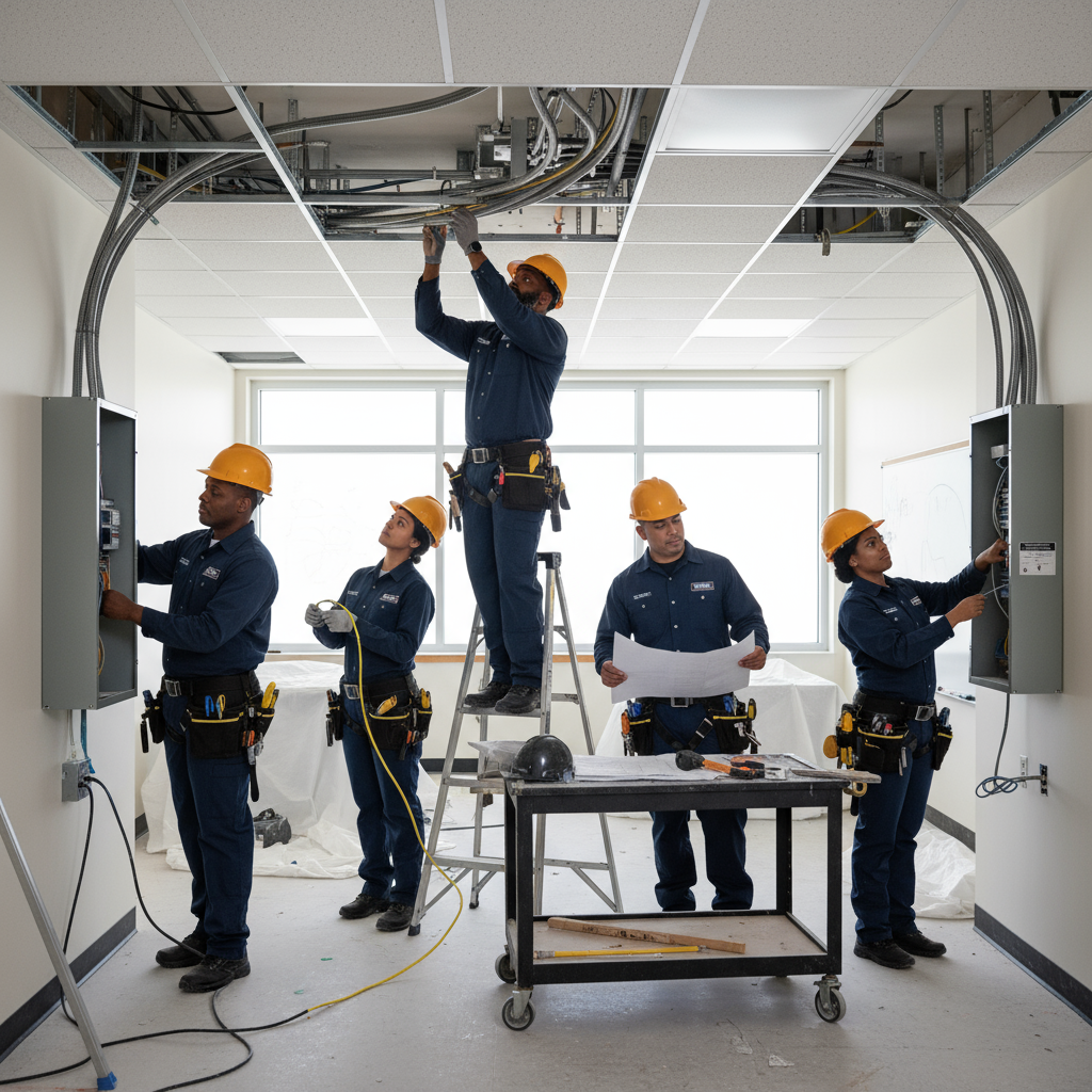 Black and Latino commercial electricians working at a school
