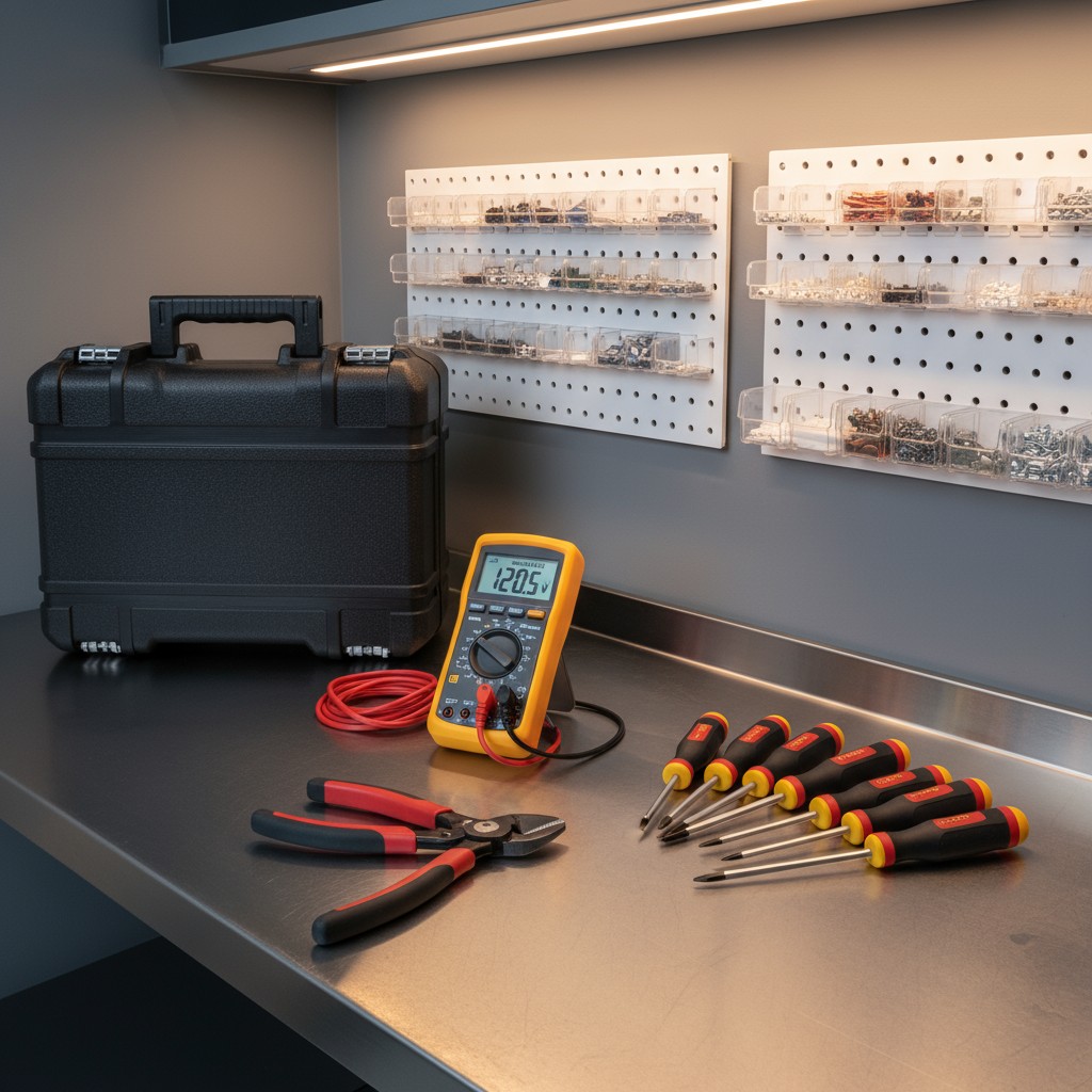 The image shows workbench tools laid out on a metal table in a dimly lit room with pegboards on the walls. [Storage contai...