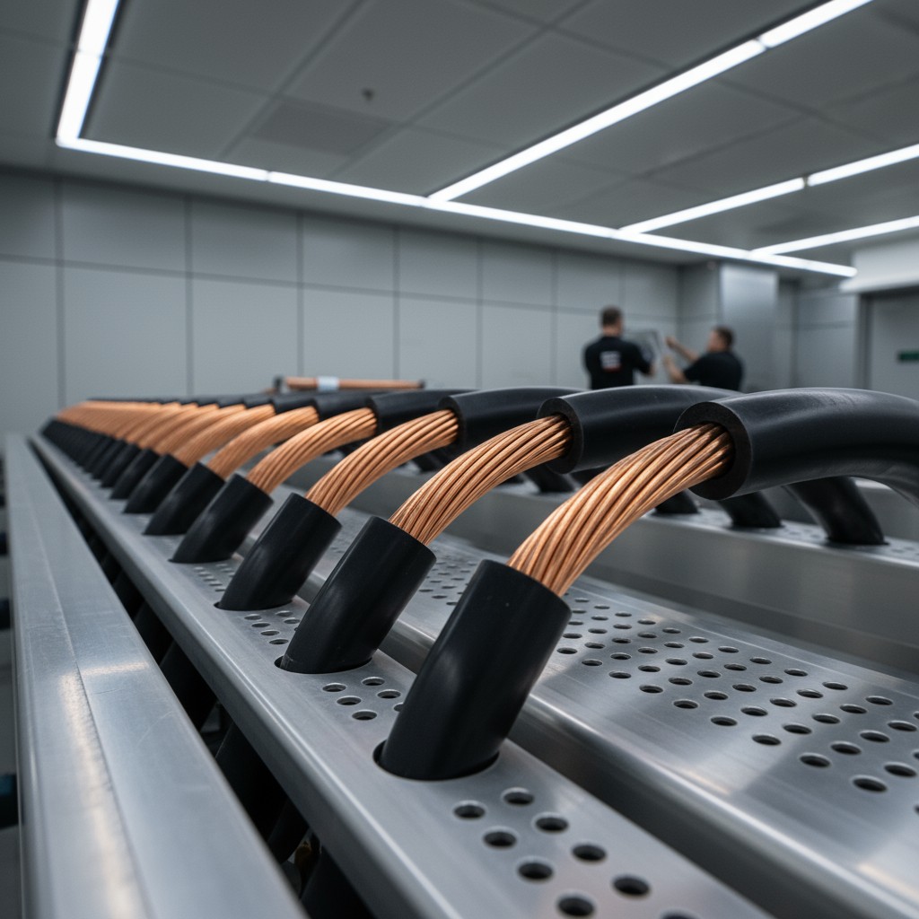 A row of copper wires along a silver metal bar in an industrial facility or wire manufacturing plant.