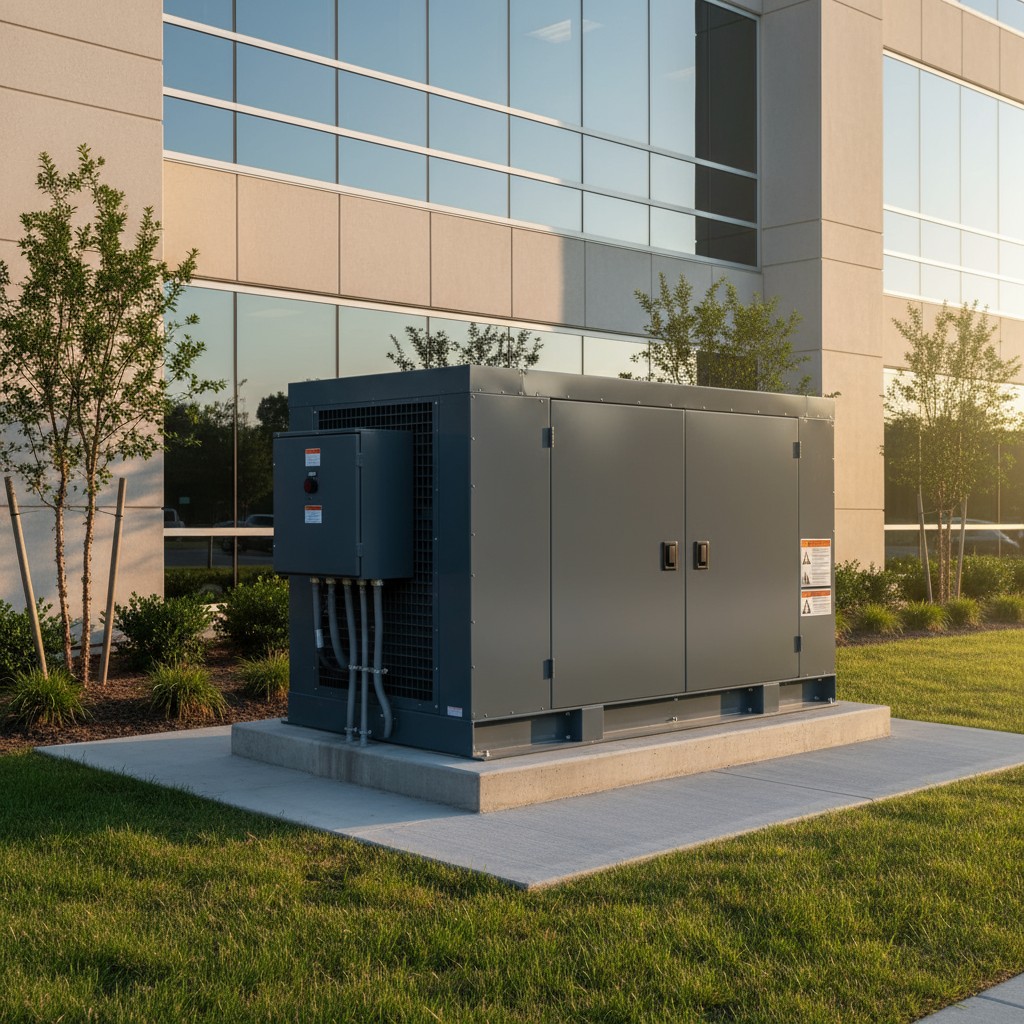 An outdoor electrical generator, likely used for a building's backup power supply.