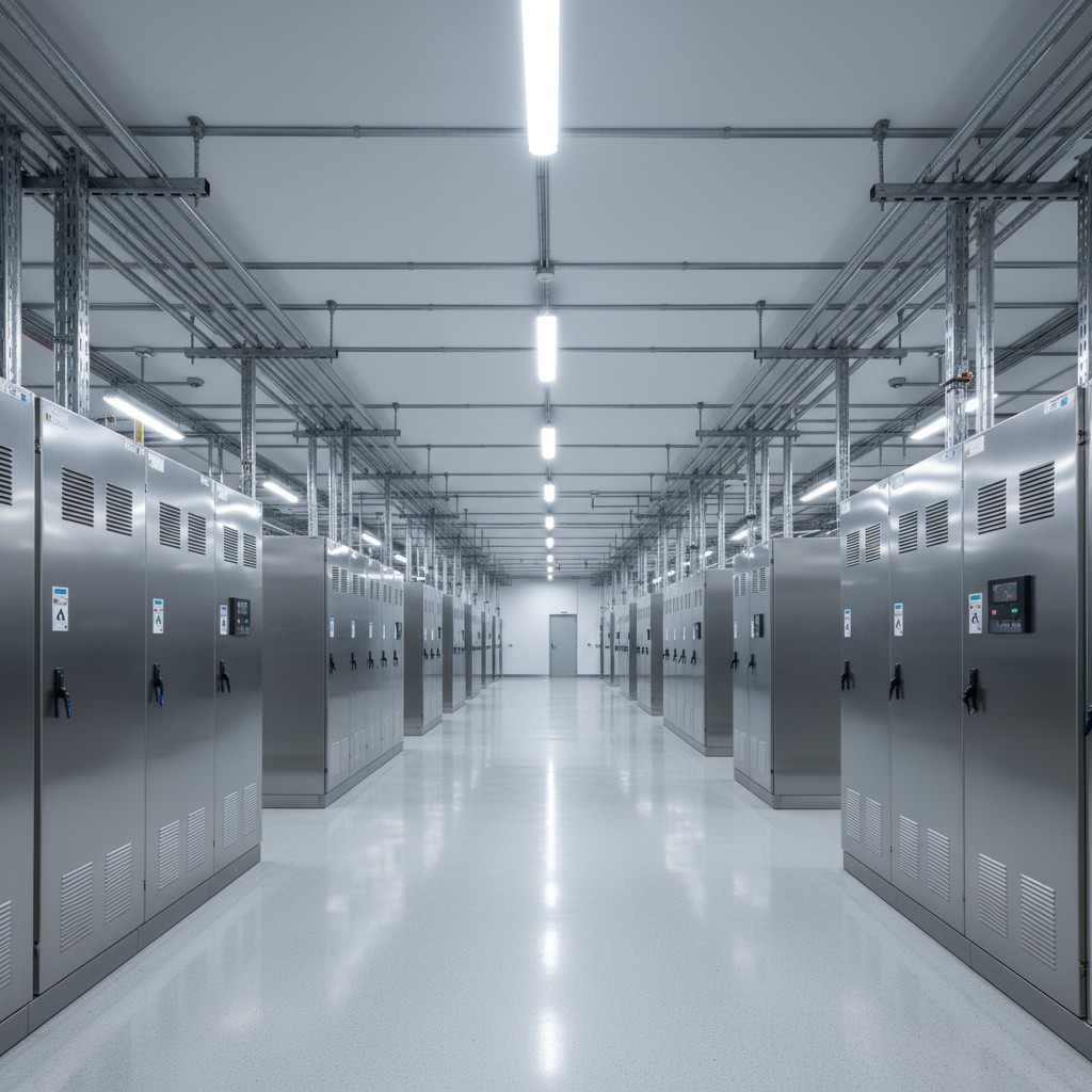 A long, dimly lit industrial room with metal cabinets along both sides, featuring metal pipes and electrical wires on the ...